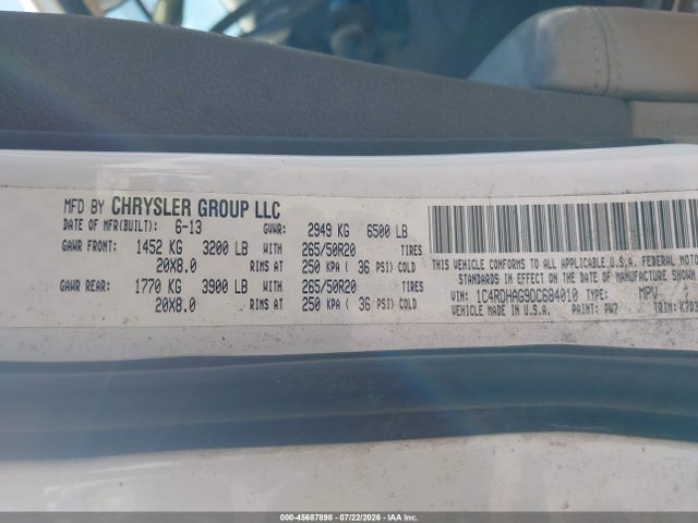 45687898 :رقم المزاد ، 1C4RDHAG9DC684010 vin ، 2013 Dodge Durango Sxt مزاد بيع