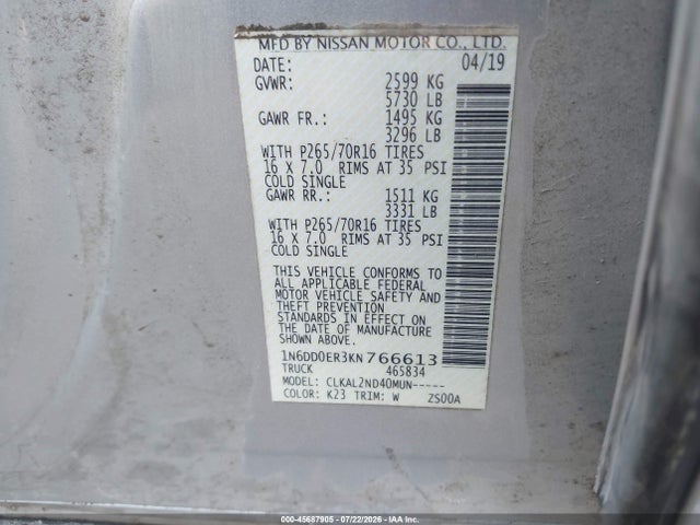 Продаж на аукціоні авто 2019 Nissan Frontier Sv, vin: 1N6DD0ER3KN766613, номер лоту: 45687905