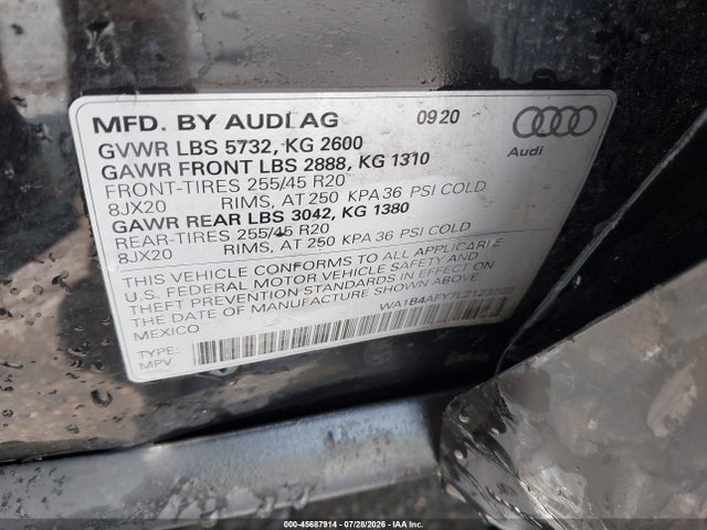 Продажа на аукционе авто 2020 Audi Sq5 Premium Plus Tfsi Quattro Tiptronic, vin: WA1B4AFY7L2123202, номер лота: 45687914
