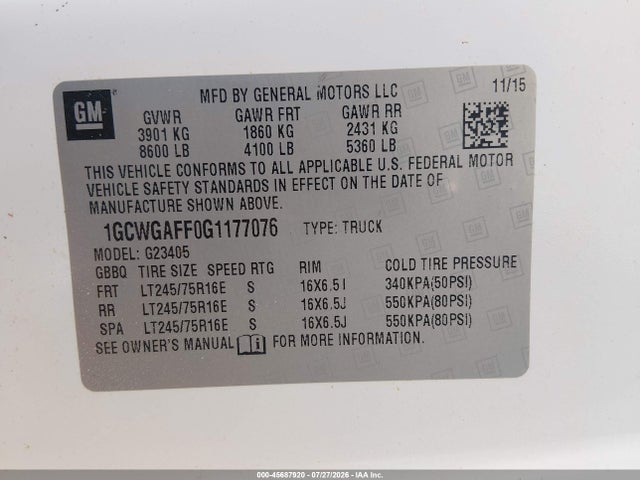 2016 Chevrolet Express 2500 Work Van მანქანა იყიდება აუქციონზე, vin: 1GCWGAFF0G1177076, აუქციონის ნომერი: 45687920