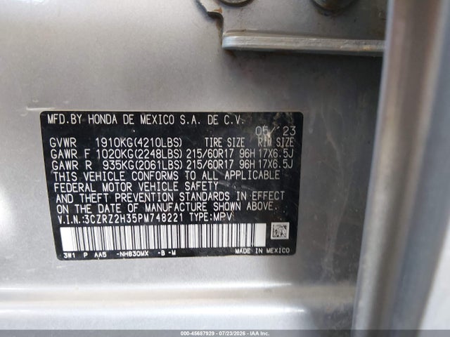 3CZRZ2H35PM748221 Honda Hr-v Awd Lx