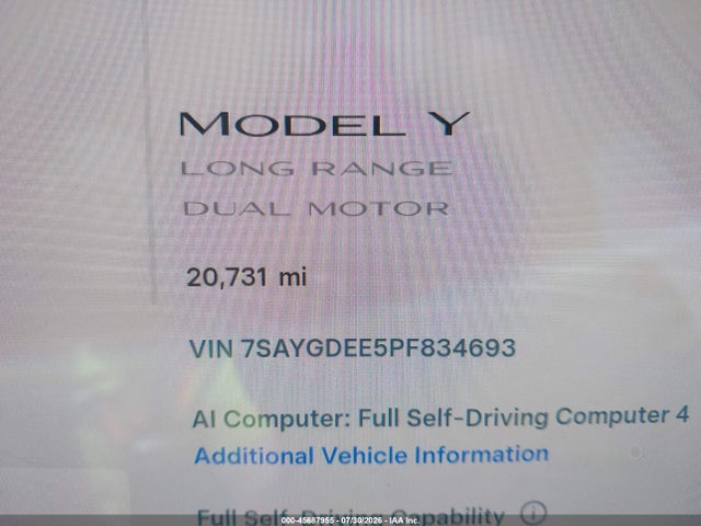 Продаж на аукціоні авто 2023 Tesla Model Y Awd/long Range Dual Motor All-wheel Drive, vin: 7SAYGDEE5PF834693, номер лоту: 45687955