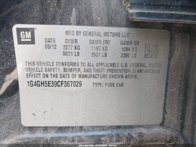 Aukcja sprzedaży 2012 Buick Lacrosse Premium 3 Group, vin: 1G4GH5E39CF367029, numer aukcji: 45687959