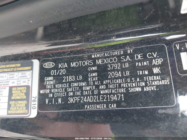 2020 Kia Forte Lxs მანქანა იყიდება აუქციონზე, vin: 3KPF24AD2LE219471, აუქციონის ნომერი: 45687965