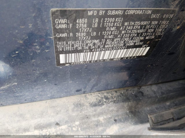 2020 Subaru Outback Premium მანქანა იყიდება აუქციონზე, vin: 4S4BTACC0L3172281, აუქციონის ნომერი: 45687972