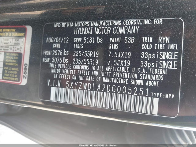 2013 Hyundai Santa Fe Sport 2.0t მანქანა იყიდება აუქციონზე, vin: 5XYZWDLA2DG005251, აუქციონის ნომერი: 45687973
