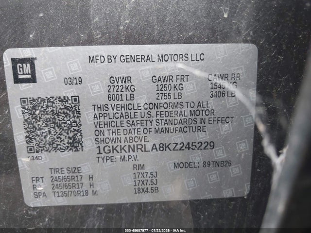45687977 :رقم المزاد ، 1GKKNRLA8KZ245229 vin ، 2019 Gmc Acadia Sle-1 مزاد بيع