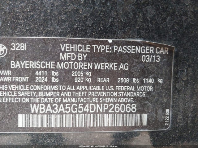 2013 Bmw 328i მანქანა იყიდება აუქციონზე, vin: WBA3A5G54DNP26068, აუქციონის ნომერი: 45687981
