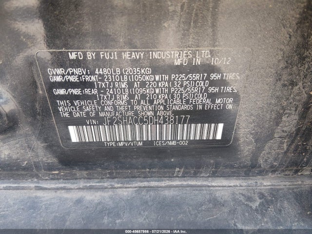 45687986 :رقم المزاد ، JF2SHACC5DH438177 vin ، 2013 Subaru Forester 2.5x Premium مزاد بيع