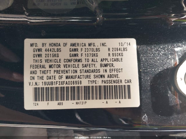 45687989 :رقم المزاد ، 19UUB1F3XFA006959 vin ، 2015 Acura Tlx مزاد بيع