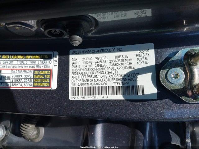 5J6RW1H88KA021336 Honda Cr-v Ex-l