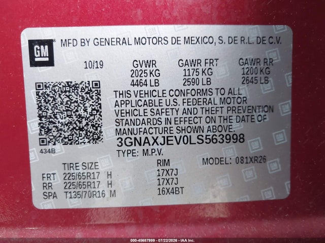 2020 Chevrolet Equinox Fwd 2fl მანქანა იყიდება აუქციონზე, vin: 3GNAXJEV0LS563998, აუქციონის ნომერი: 45687999