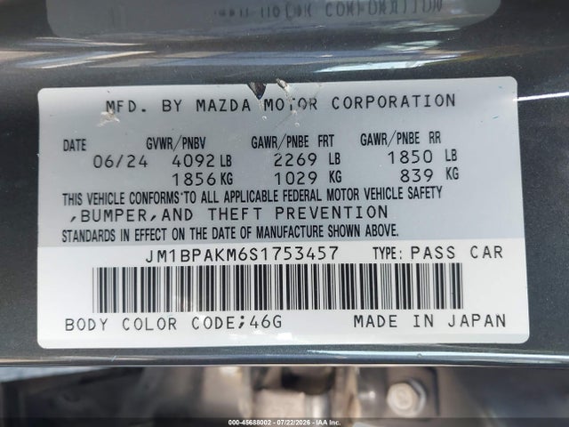 Aukcja sprzedaży 2025 Mazda Mazda3 2.5 S Select Sport, vin: JM1BPAKM6S1753457, numer aukcji: 45688002