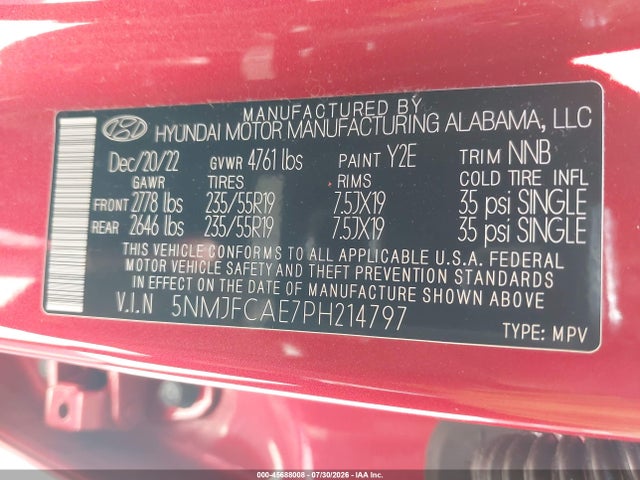 45688008 :رقم المزاد ، 5NMJFCAE7PH214797 vin ، 2023 Hyundai Tucson Sel مزاد بيع