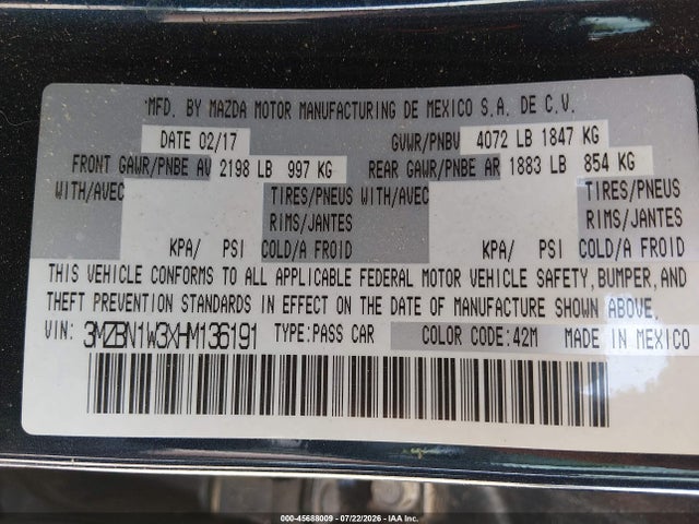 2017 Mazda Mazda3 Grand Touring მანქანა იყიდება აუქციონზე, vin: 3MZBN1W3XHM136191, აუქციონის ნომერი: 45688009
