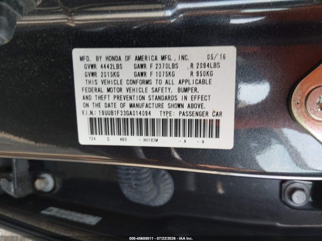 2016 Acura Tlx მანქანა იყიდება აუქციონზე, vin: 19UUB1F33GA014094, აუქციონის ნომერი: 45688011