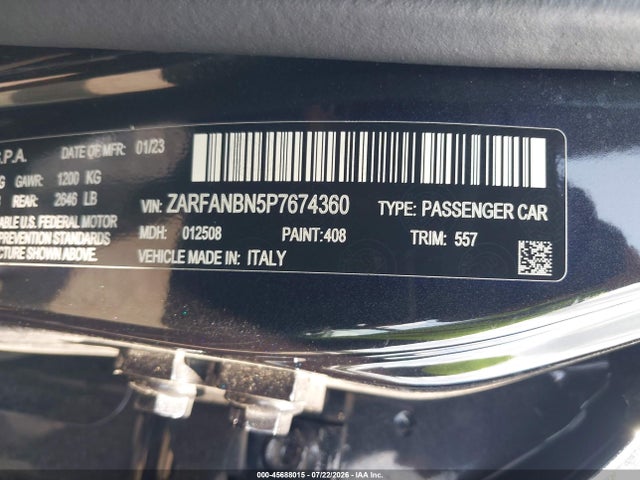 2023 Alfa Romeo Giulia Veloce Awd მანქანა იყიდება აუქციონზე, vin: ZARFANBN5P7674360, აუქციონის ნომერი: 45688015