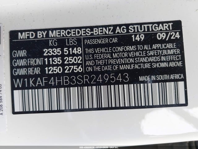 Продажа на аукционе авто 2025 Mercedes-benz C 300, vin: W1KAF4HB3SR249543, номер лота: 45688026