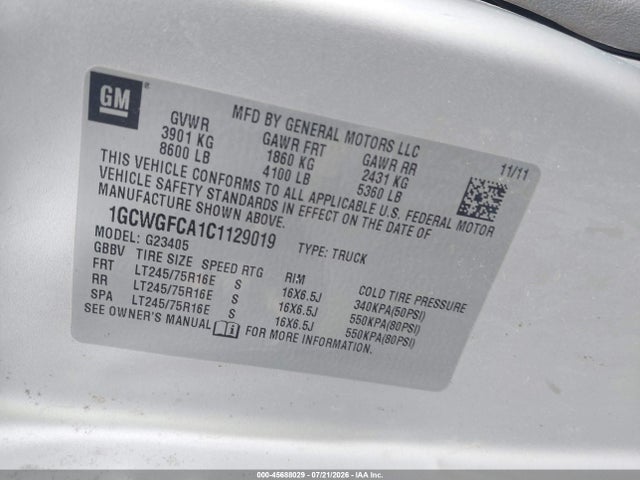 Продажа на аукционе авто 2012 Chevrolet Express 2500 Work Van, vin: 1GCWGFCA1C1129019, номер лота: 45688029