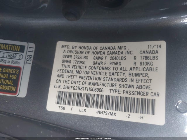 Honda CIVIC EX 2015 2HGFG3B81FH506906 Image 9