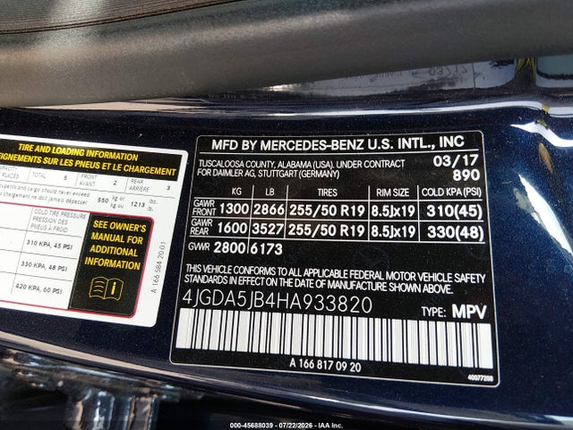 45688039 :رقم المزاد ، 4JGDA5JB4HA933820 vin ، 2017 Mercedes-benz Gle 350 مزاد بيع