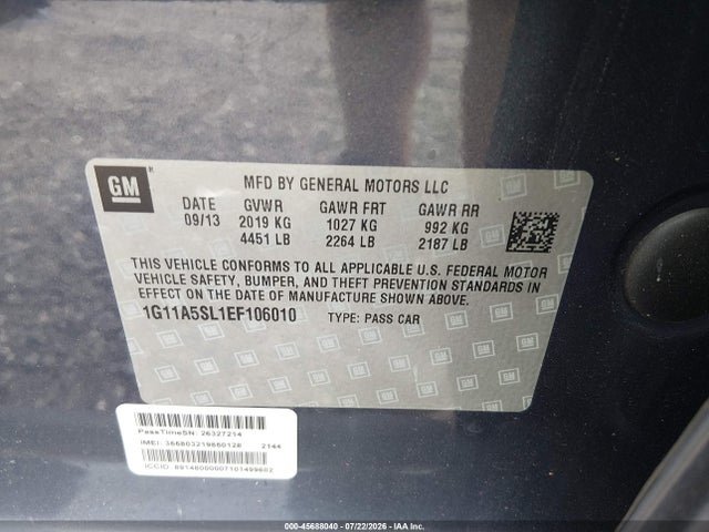 Продажа на аукционе авто 2014 Chevrolet Malibu 1fl, vin: 1G11A5SL1EF106010, номер лота: 45688040