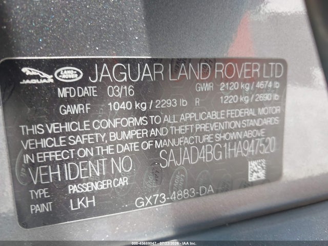 45688047 :رقم المزاد ، SAJAD4BG1HA947520 vin ، 2017 Jaguar Xe 25t Premium مزاد بيع