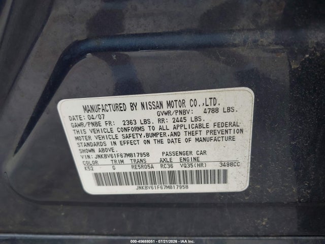 Продаж на аукціоні авто 2007 Infiniti G35x, vin: JNKBV61F67M817958, номер лоту: 45688051