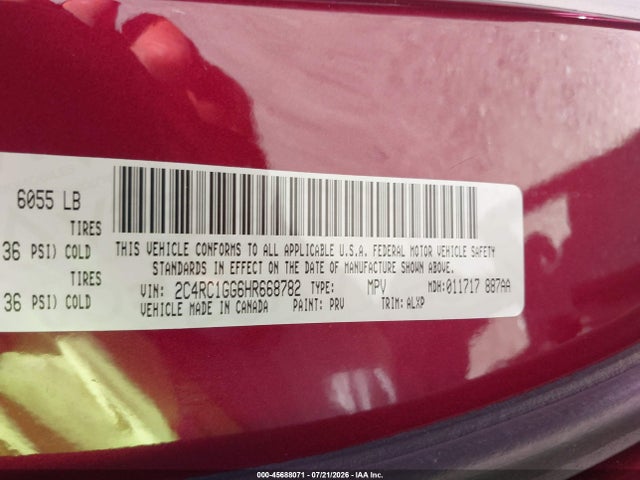 Aukcja sprzedaży 2017 Chrysler Pacifica Limited, vin: 2C4RC1GG6HR668782, numer aukcji: 45688071