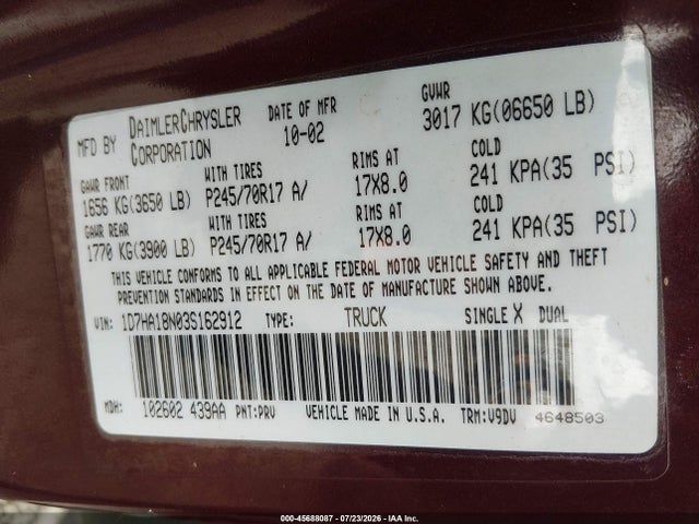 Продаж на аукціоні авто 2003 Dodge Ram 1500 Slt/laramie/st, vin: 1D7HA18N03S162912, номер лоту: 45688087