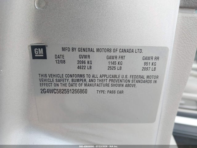 Продажа на аукционе авто 2009 Buick Lacrosse Cx, vin: 2G4WC582591266860, номер лота: 45688090
