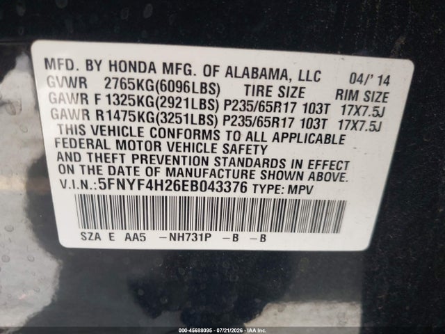 Honda PILOT LX 2014 5FNYF4H26EB043376 Image 9