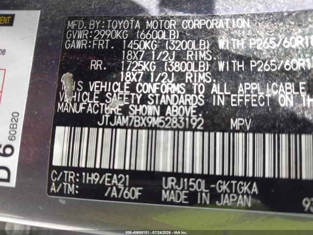 45688101 :رقم المزاد ، JTJAM7BX9M5283192 vin ، 2021 Lexus Gx 460 Premium مزاد بيع