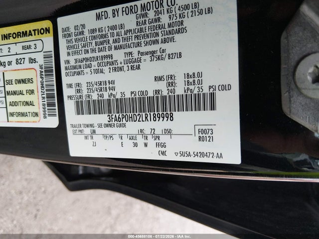 45688108 :رقم المزاد ، 3FA6P0HD2LR189998 vin ، 2020 Ford Fusion Se مزاد بيع