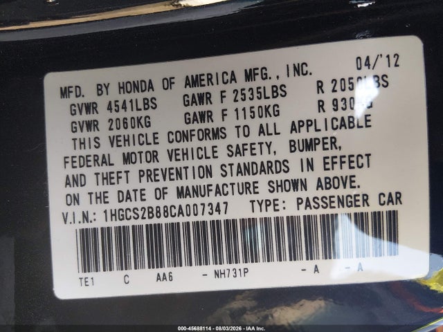 45688114 :رقم المزاد ، 1HGCS2B88CA007347 vin ، 2012 Honda Accord 3.5 Ex-l مزاد بيع