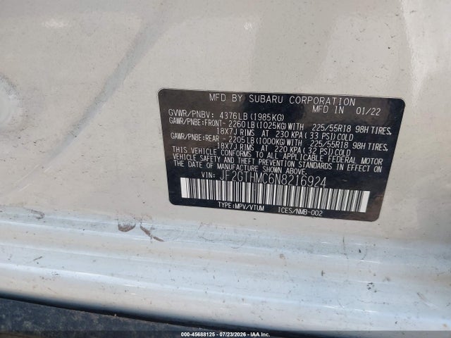 Продаж на аукціоні авто 2022 Subaru Crosstrek Limited, vin: JF2GTHMC6N8216924, номер лоту: 45688125