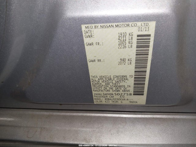 2013 Nissan Altima 2.5 მანქანა იყიდება აუქციონზე, vin: 1N4AL3AP4DN502758, აუქციონის ნომერი: 45688134
