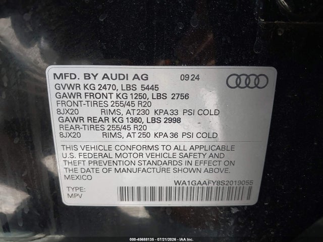 Aukcja sprzedaży 2025 Audi Q5 Premium 45 Tfsi S Line Quattro, vin: WA1GAAFY8S2019055, numer aukcji: 45688135