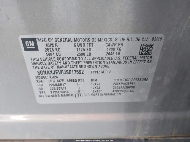 Aukcja sprzedaży 2018 Chevrolet Equinox Lt, vin: 3GNAXJEV6JS617592, numer aukcji: 45688155
