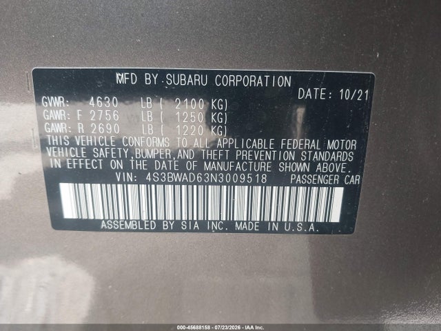 45688158 :رقم المزاد ، 4S3BWAD63N3009518 vin ، 2022 Subaru Legacy Premium مزاد بيع