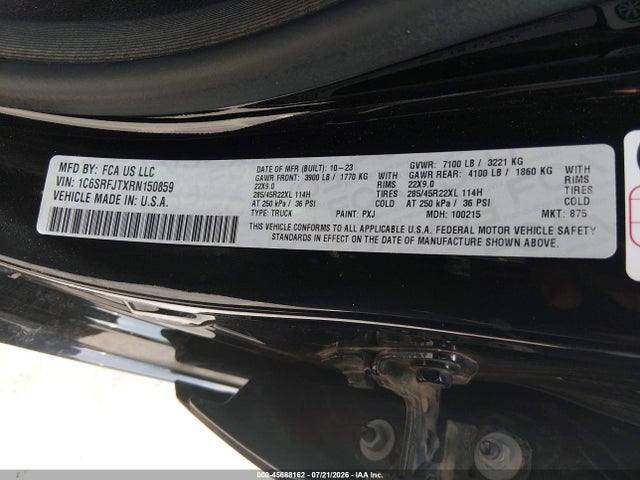 Продаж на аукціоні авто 2024 Ram 1500 Laramie  4x4 5'7 Box, vin: 1C6SRFJTXRN150859, номер лоту: 45688162