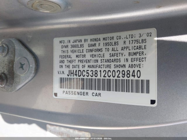 45688191 :رقم المزاد ، JH4DC53812C029840 vin ، 2002 Acura Rsx مزاد بيع