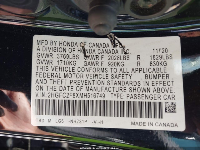 45688194 :رقم المزاد ، 2HGFC2F8XMH516749 vin ، 2021 Honda Civic Sport مزاد بيع