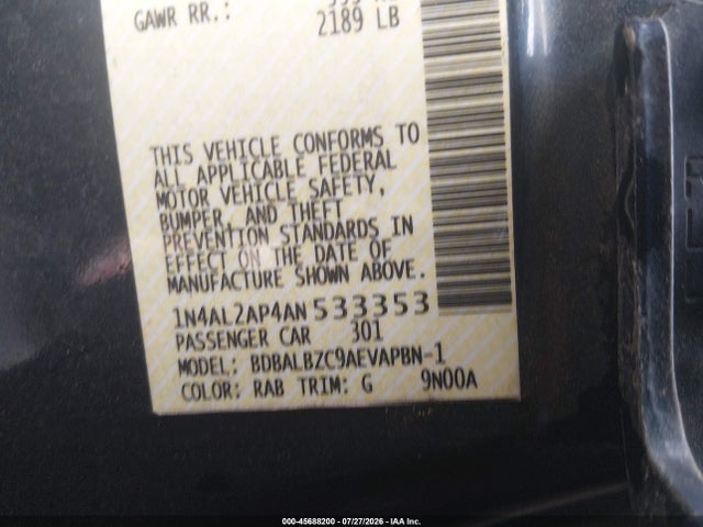 Продаж на аукціоні авто 2010 Nissan Altima 2.5 S, vin: 1N4AL2AP4AN533353, номер лоту: 45688200