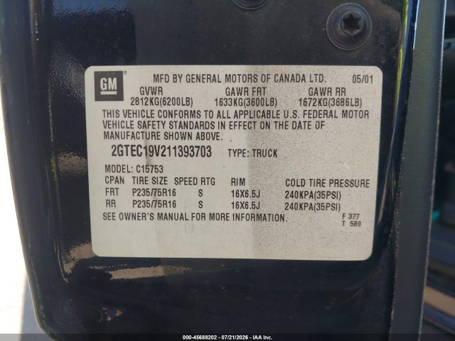 Aukcja sprzedaży 2001 Gmc Sierra 1500 Sle, vin: 2GTEC19V211393703, numer aukcji: 45688202