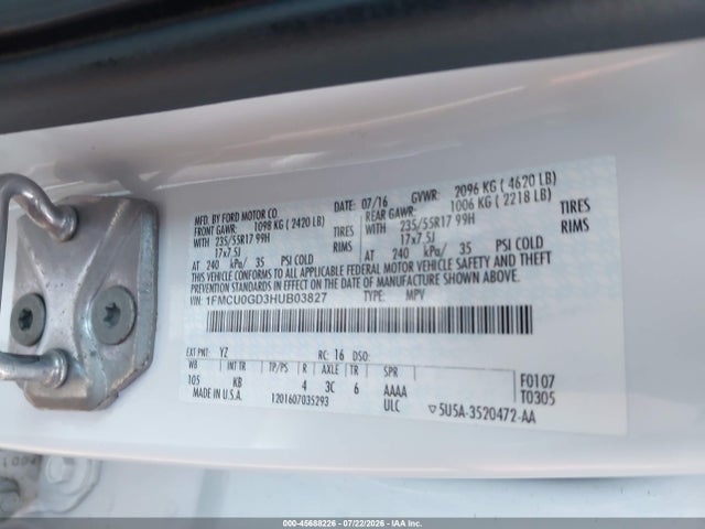 45688226 :رقم المزاد ، 1FMCU0GD3HUB03827 vin ، 2017 Ford Escape Se مزاد بيع