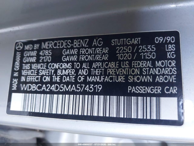 Aukcja sprzedaży 1991 Mercedes-benz 300 Se, vin: WDBCA24D5MA574319, numer aukcji: 45688227