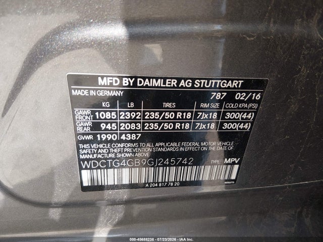 45688238 :رقم المزاد ، WDCTG4GB9GJ245742 vin ، 2016 Mercedes-benz Gla 250 4matic مزاد بيع