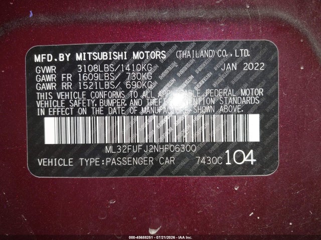 Aukcja sprzedaży 2022 Mitsubishi Mirage G4 Es, vin: ML32FUFJ2NHF06300, numer aukcji: 45688251