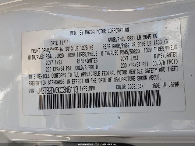 Продаж на аукціоні авто 2012 Mazda Cx-9 Grand Touring, vin: JM3TB2DV3C0346113, номер лоту: 45688260